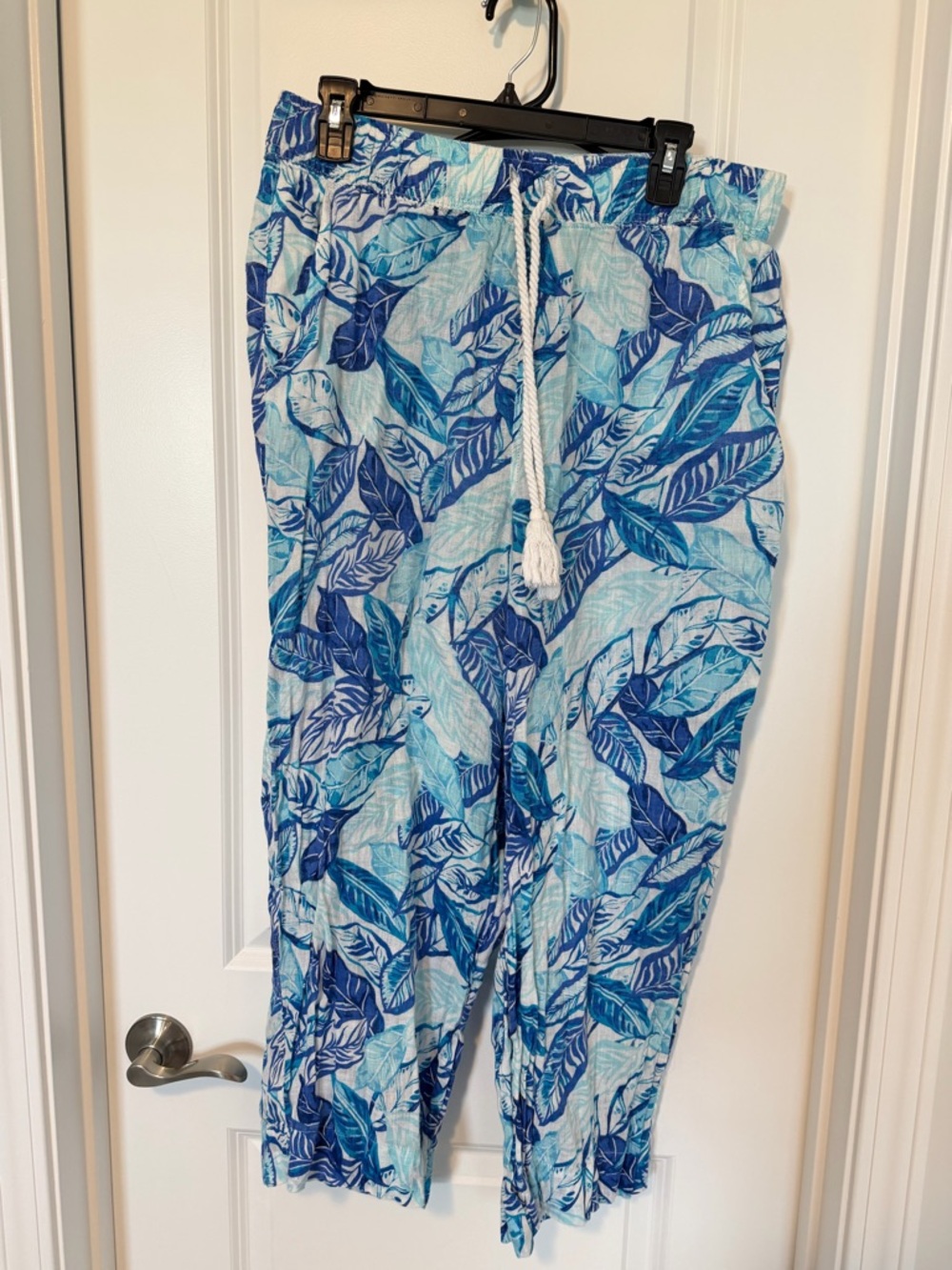 100% linen Blue Tropical Leaf Print Drawstring Pants